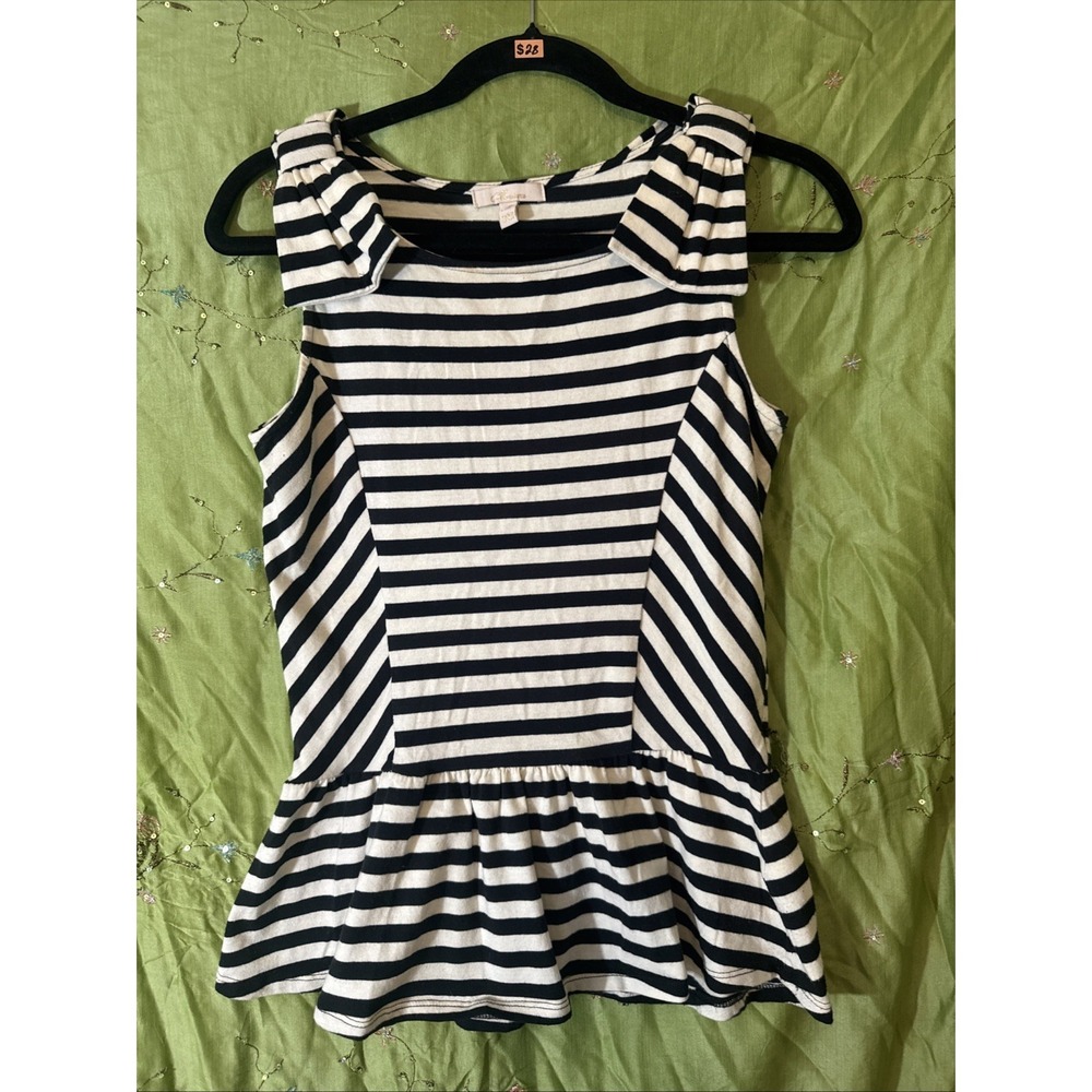 Monteau Y2K Top Black And White Stripe Bows On Shoulder Ruffle Flare Size Medium